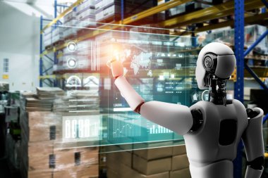 Yenilikçi endüstri robotu insan işçiler için depoda çalışıyor.