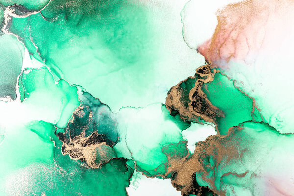 Green gold abstract background of marble liquid ink art painting on paper . Image of original artwork watercolor alcohol ink paint on high quality paper texture .