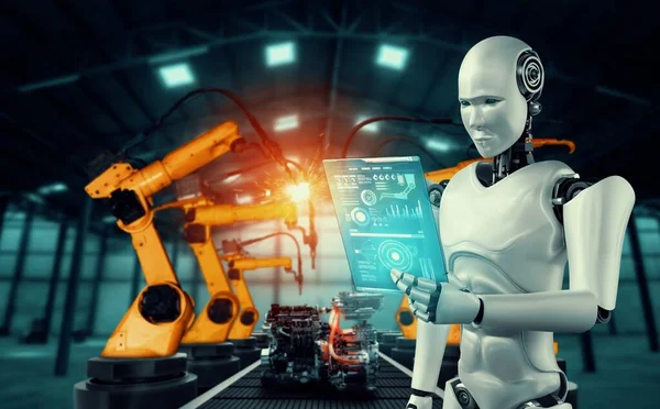 Mechanized industry robot and robotic arms for assembly in factory production . — Stock Photo, Image