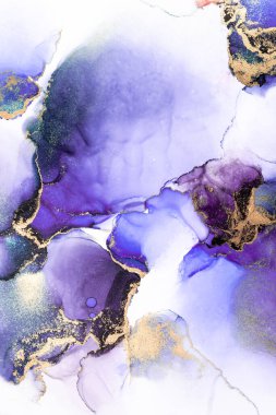 Kağıt üzerinde mermer sıvı mürekkep resminin mor altın soyut arkaplanı .