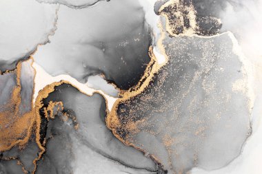 Kağıt üzerinde mermer sıvı mürekkep resminin siyah altın soyut arkaplanı .