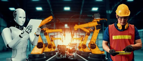 Mechanizovaný průmysl robot a lidský pracovník spolupracující v budoucí továrně — Stock fotografie