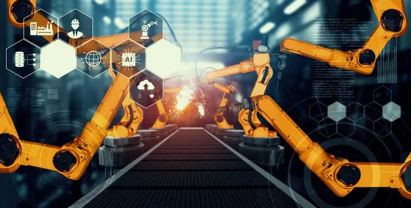 Mechanized industrie robot arm voor montage in de fabriek productielijn — Stockfoto