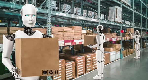 人間の労働力の交換のための倉庫で働く革新的な産業ロボット — ストック写真