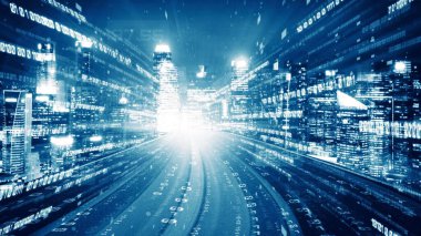 Siber küresel iletişim ve kodlama kavramında yolda dijital veri akışı
