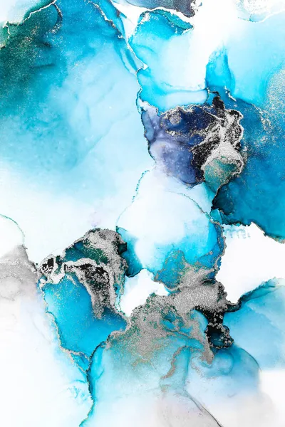 Fondo abstracto de plata azul de mármol pintura de arte de tinta líquida sobre papel . — Foto de Stock