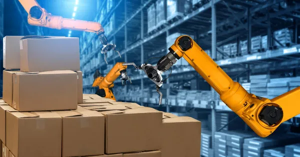 Smart robot arm system for innovative warehouse and factory digital technology — Stock Photo, Image