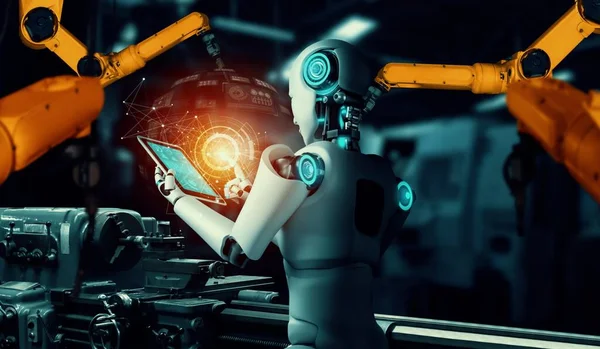 Mechanized industry robot and robotic arms for assembly in factory production . — Stock Photo, Image