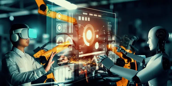 Mekanize endüstri robotu ve insan işçileri gelecekteki fabrikada birlikte çalışıyorlar.