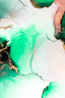 Kağıt üzerinde mermer sıvı mürekkep resminin yeşil altın soyut arkaplanı .