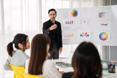 İş adamları daire içinde otururken iş projesini ustaca tartışıyor