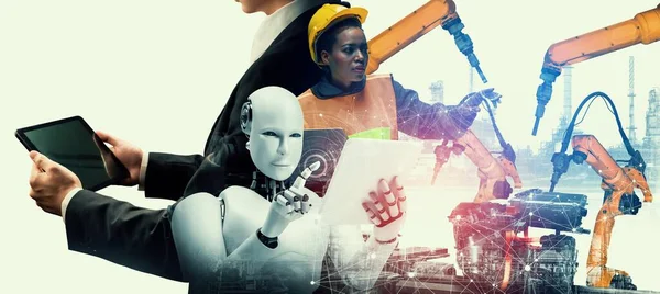 Mechanized industry robot en menselijke werknemer werken samen in toekomstige fabriek — Stockfoto