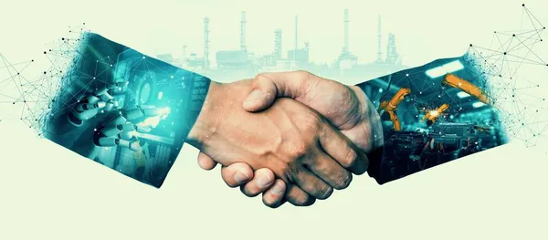 机械工业机器人臂和企业握手双重曝光 — 图库照片