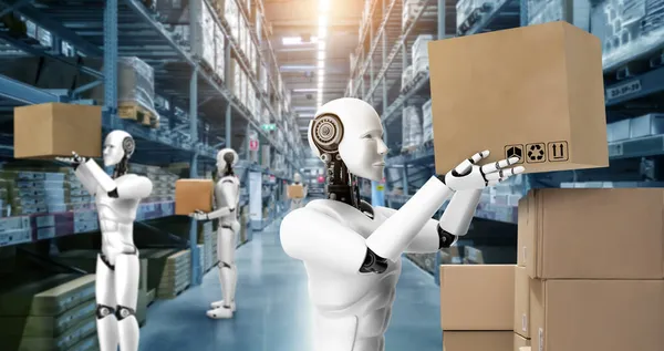 人間の労働力の交換のための倉庫で働く革新的な産業ロボット — ストック写真