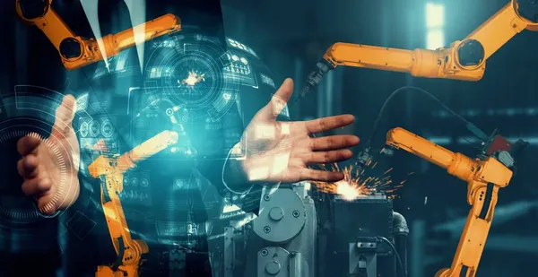 Brazo robot de la industria mecanizada y trabajador de fábrica doble exposición — Foto de Stock