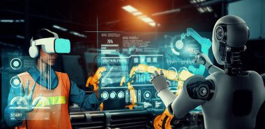 Mekanize endüstri robotu ve insan işçileri gelecekteki fabrikada birlikte çalışıyorlar.