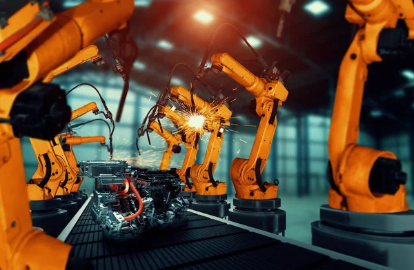 Mechaniczne ramię robota przemysłowego do montażu w fabrycznej linii produkcyjnej — Zdjęcie stockowe