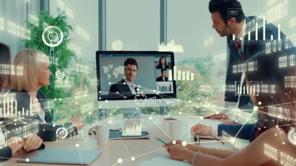 Creatief visueel beeld van zakenmensen in een corporate staff meeting op video call — Stockvideo