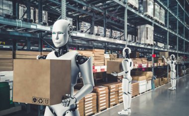 Yenilikçi endüstri robotu insan işçiler için depoda çalışıyor.