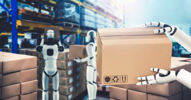 Yenilikçi endüstri robotu insan işçiler için depoda çalışıyor.