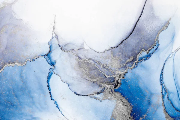 Blauw zilver abstracte achtergrond van marmer vloeibare inkt kunst schilderen op papier . — Stockfoto