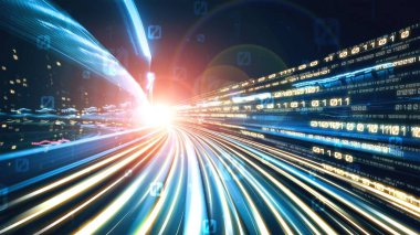 Siber küresel iletişim ve kodlama kavramında yolda dijital veri akışı