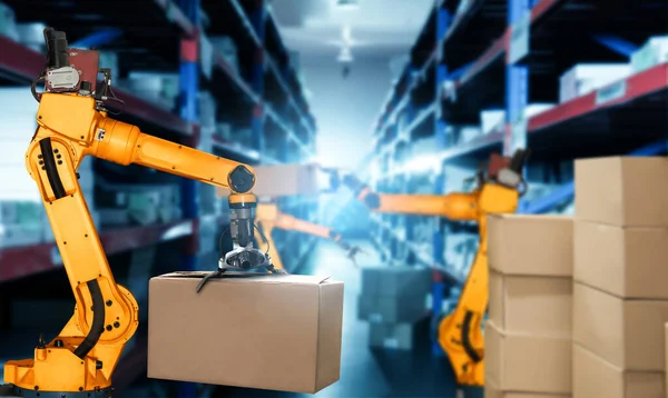 Sistema de brazo robot inteligente para una innovadora tecnología digital de almacén y fábrica — Foto de Stock