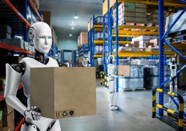 Yenilikçi endüstri robotu insan işçiler için depoda çalışıyor.