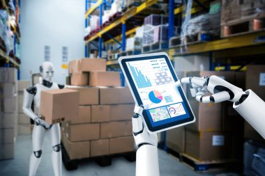 Yenilikçi endüstri robotu insan işçiler için depoda çalışıyor.
