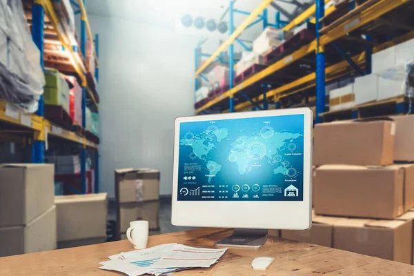 Warehouse management innovative software in computer for real time monitoring — Stock Photo, Image