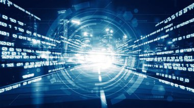 Siber küresel iletişim ve kodlama kavramında yolda dijital veri akışı