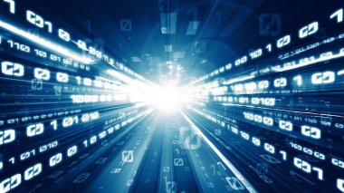 Siber küresel iletişim ve kodlama kavramında yolda dijital veri akışı