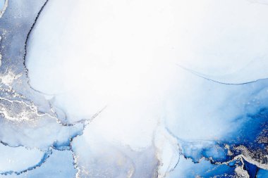 Kağıt üzerinde mermer sıvı mürekkep resminin mavi gümüş soyut arkaplanı .