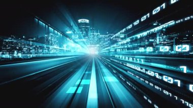 Siber küresel iletişim ve kodlama kavramında yolda dijital veri akışı