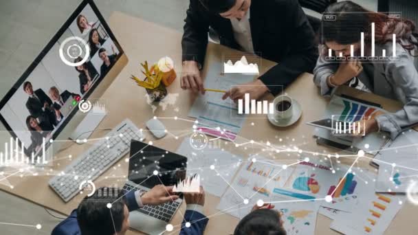 Kreatif visual dari orang-orang bisnis dalam sebuah pertemuan staf perusahaan pada panggilan video — Stok Video