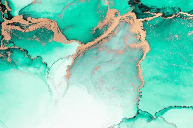 Kağıt üzerinde mermer sıvı mürekkep resminin yeşil altın soyut arkaplanı .