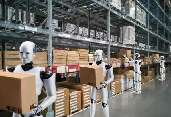 Robô inovador da indústria trabalhando em armazém para substituição de mão de obra humana — Fotografia de Stock