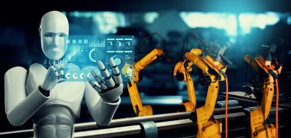 Roboty przemysłowe mechaniczne i mechaniczne do montażu w produkcji fabrycznej . — Zdjęcie stockowe