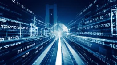 Siber küresel iletişim ve kodlama kavramında yolda dijital veri akışı