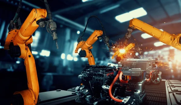 Braço de robô da indústria mecanizada para montagem na linha de produção da fábrica — Fotografia de Stock