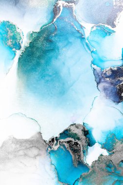 Kağıt üzerinde mermer sıvı mürekkep resminin mavi gümüş soyut arkaplanı .