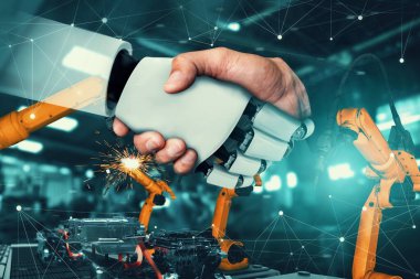 Mekanize endüstri robotu ve insan işçileri gelecekteki fabrikada birlikte çalışıyorlar.