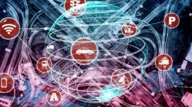 Yeni şehir yolunda gelecekteki araba trafiği için akıllı ulaşım teknolojisi kavramı