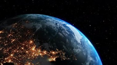 Gerçekçi coğrafya yüzeyi ve bulutları olan Dünya Gezegeni 3D yörünge animasyonu