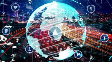 Yeni şehir yolunda gelecekteki araba trafiği için akıllı ulaşım teknolojisi kavramı