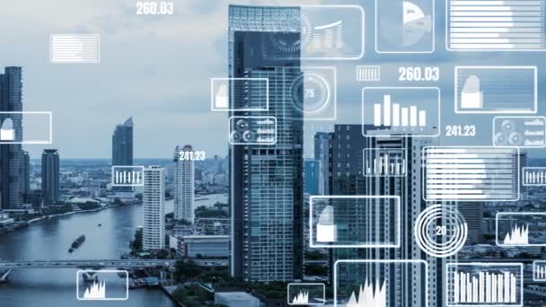 Interfaz analítica de datos empresariales sobrevuelan ciudad inteligente mostrando futuro de alteración — Vídeo de stock