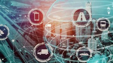 Yeni şehir yolunda gelecekteki araba trafiği için akıllı ulaşım teknolojisi kavramı