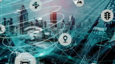 Yeni şehir yolunda gelecekteki araba trafiği için akıllı ulaşım teknolojisi kavramı