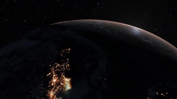 Gerçekçi coğrafya yüzeyi ve bulutları olan Dünya Gezegeni 3D yörünge animasyonu — Stok video