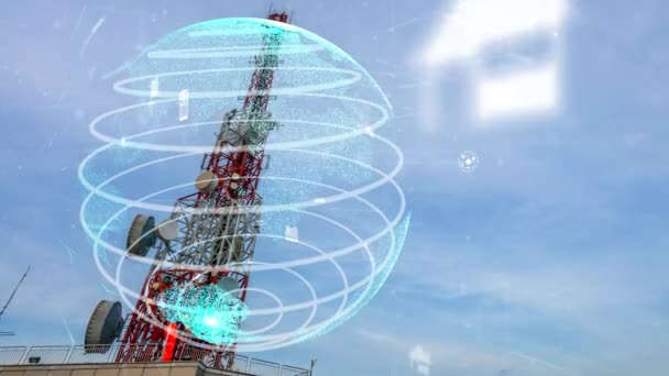 Torre di telecomunicazione con grafica 3D dell'alterazione globale del business — Video Stock
